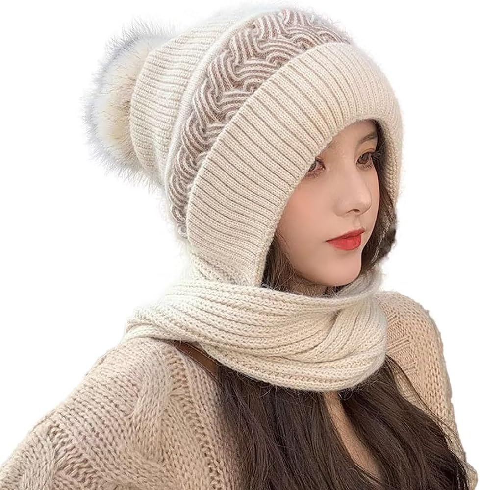 Amazon | [Uroi] ニット帽 マフラー 一体型 帽子 ポンポン付き ネック